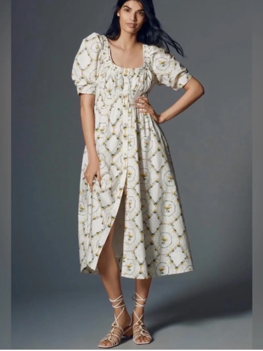 Anthropologie White Dress with Yellow Floral & Black Dot Trim size Small - Picture 2 of 8